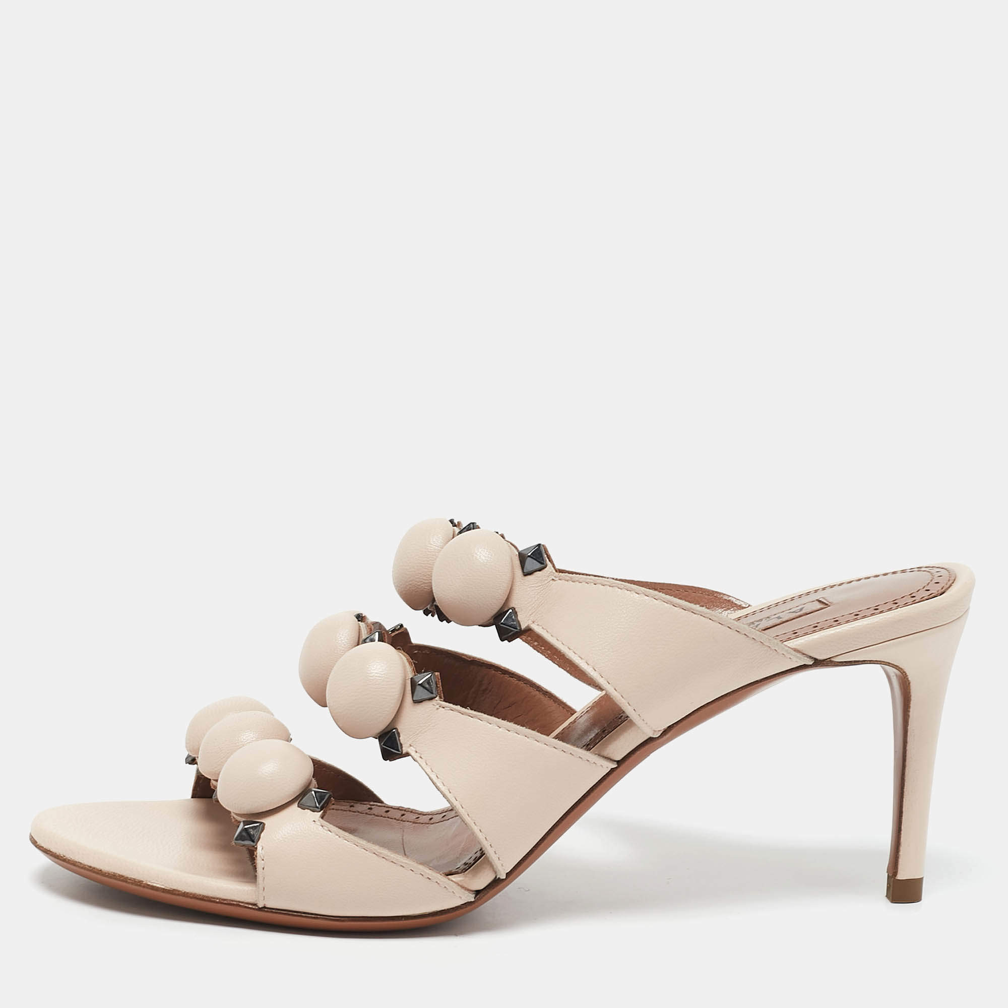 Alaia Light Beige Leather Studded Bombe Slide Sandals Size 37