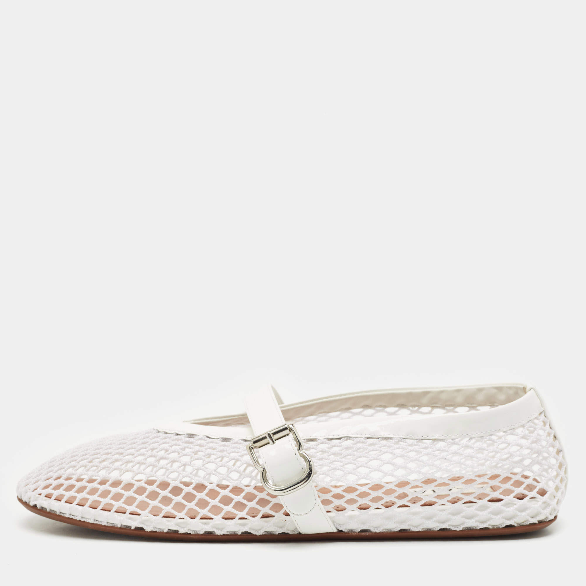 Pre Owned Alaia White Fishnet and Patent Leather Ballet Flats Size 37