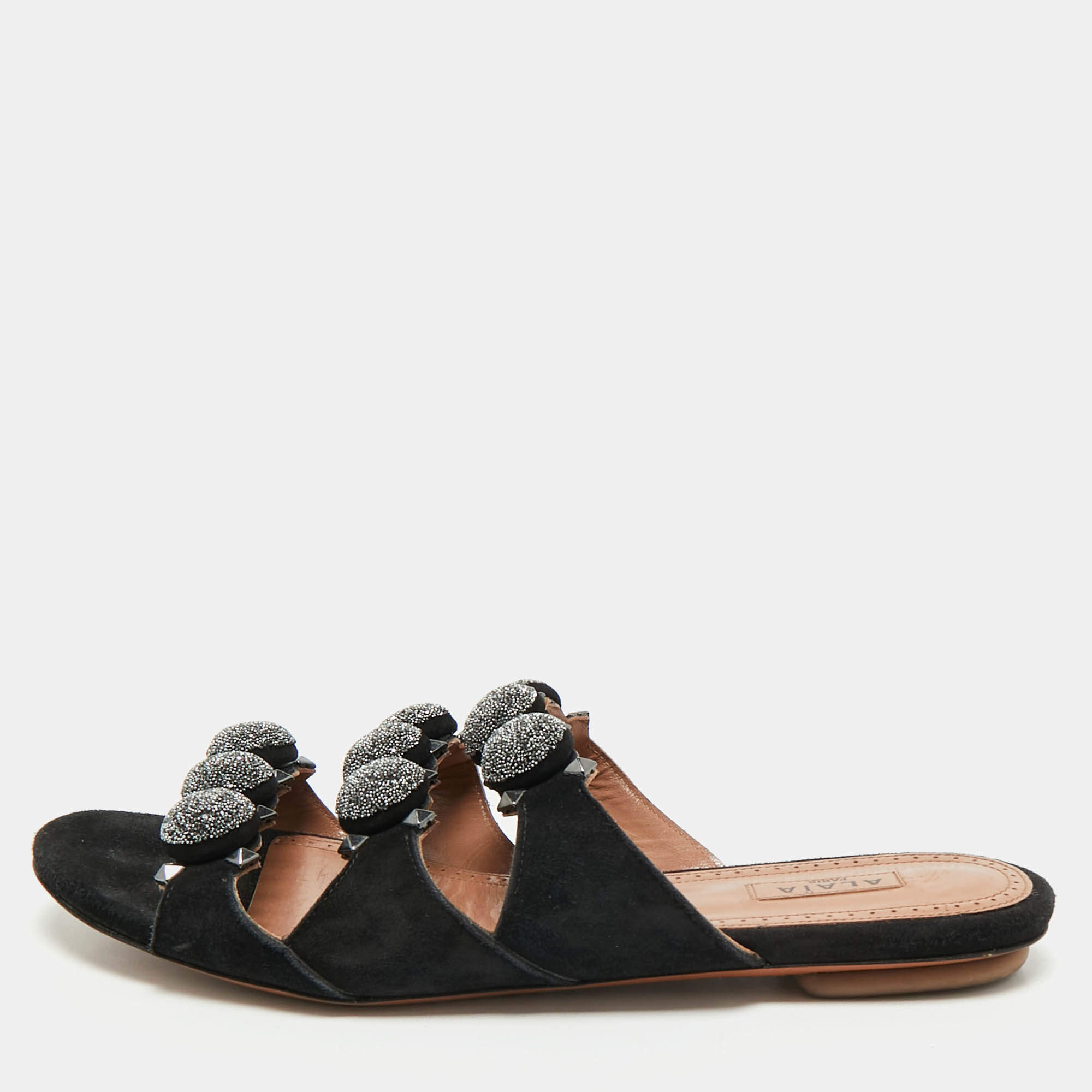 Alaia Black Suede Bombe Flat Slides Size 38 