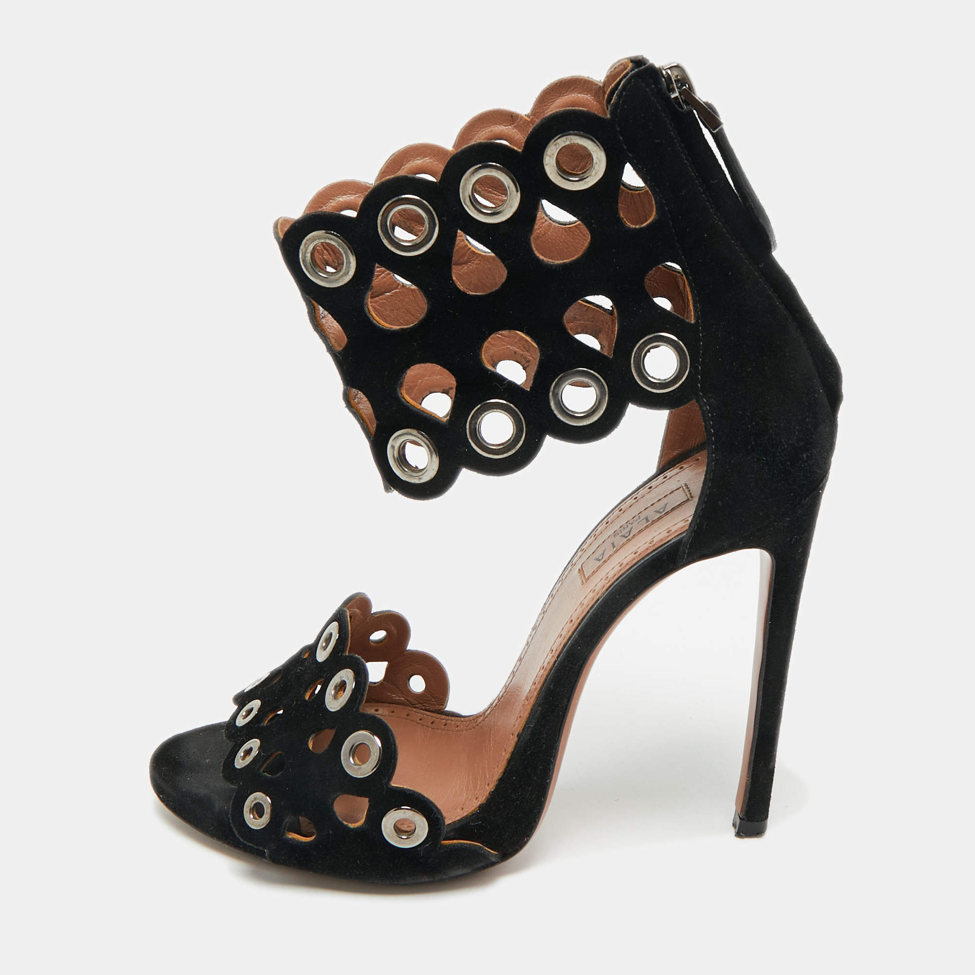 Pre Owned Alaia Black Suede Eyelet Embellished Ankle Strap Sandals Size 35