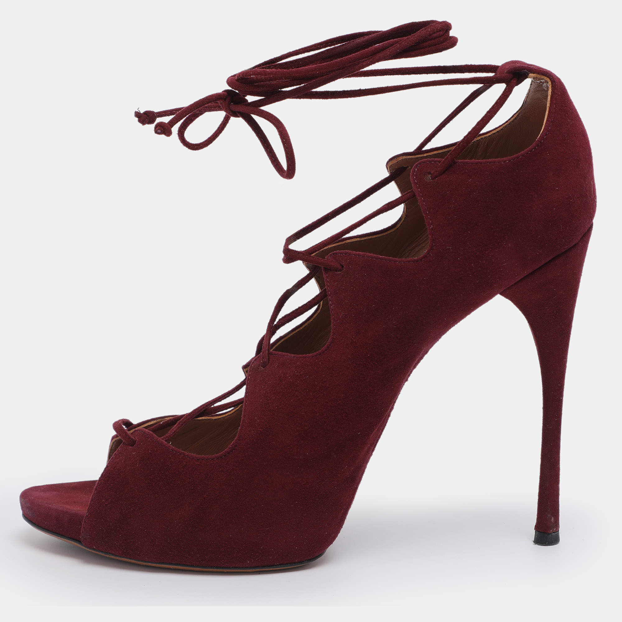 Pre Owned Alaia Burgundy Suede Lace Up Open Pumps Size 41