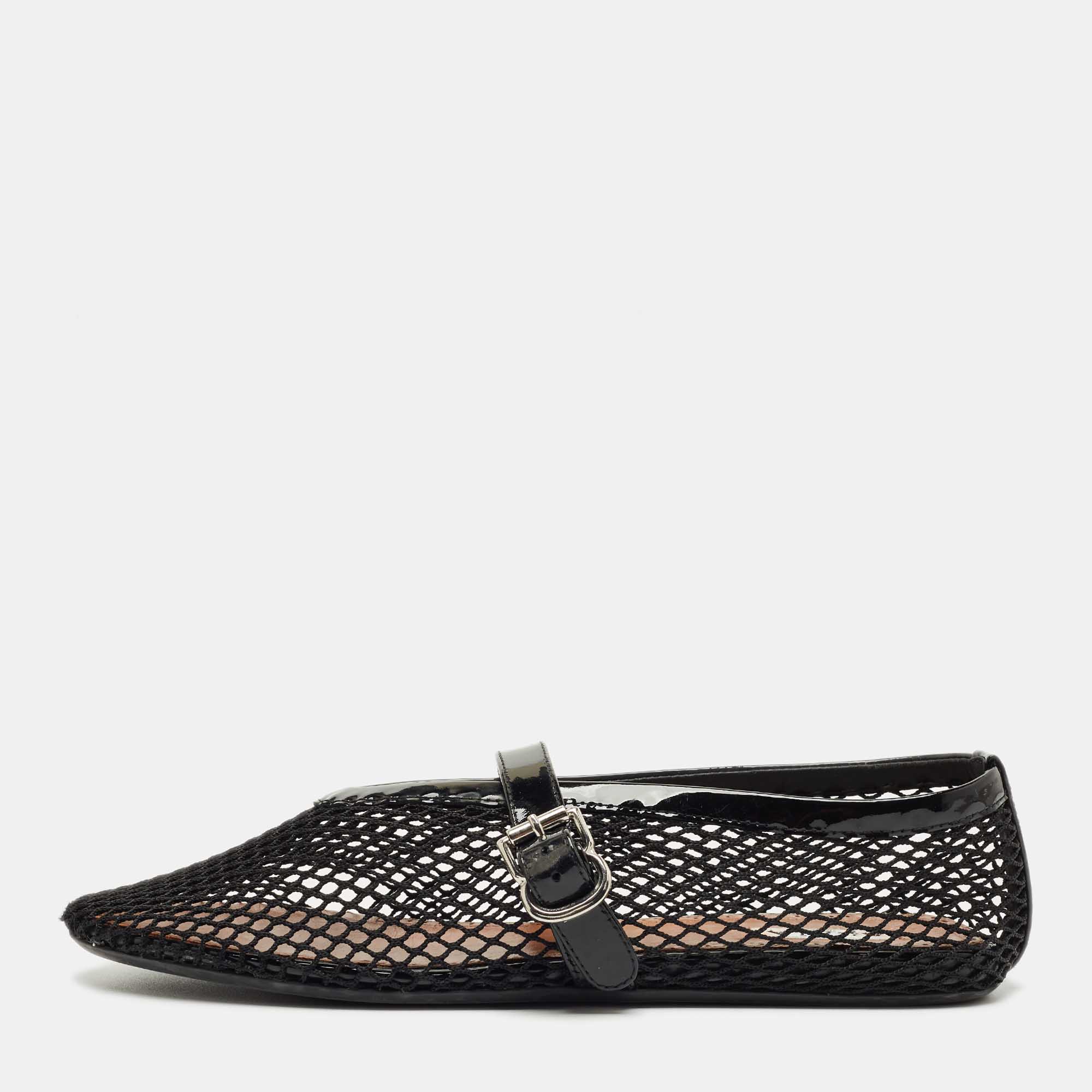 Pre Owned Alaia Black Fishnet and Patent Leather Ballet Flats Size 39.5