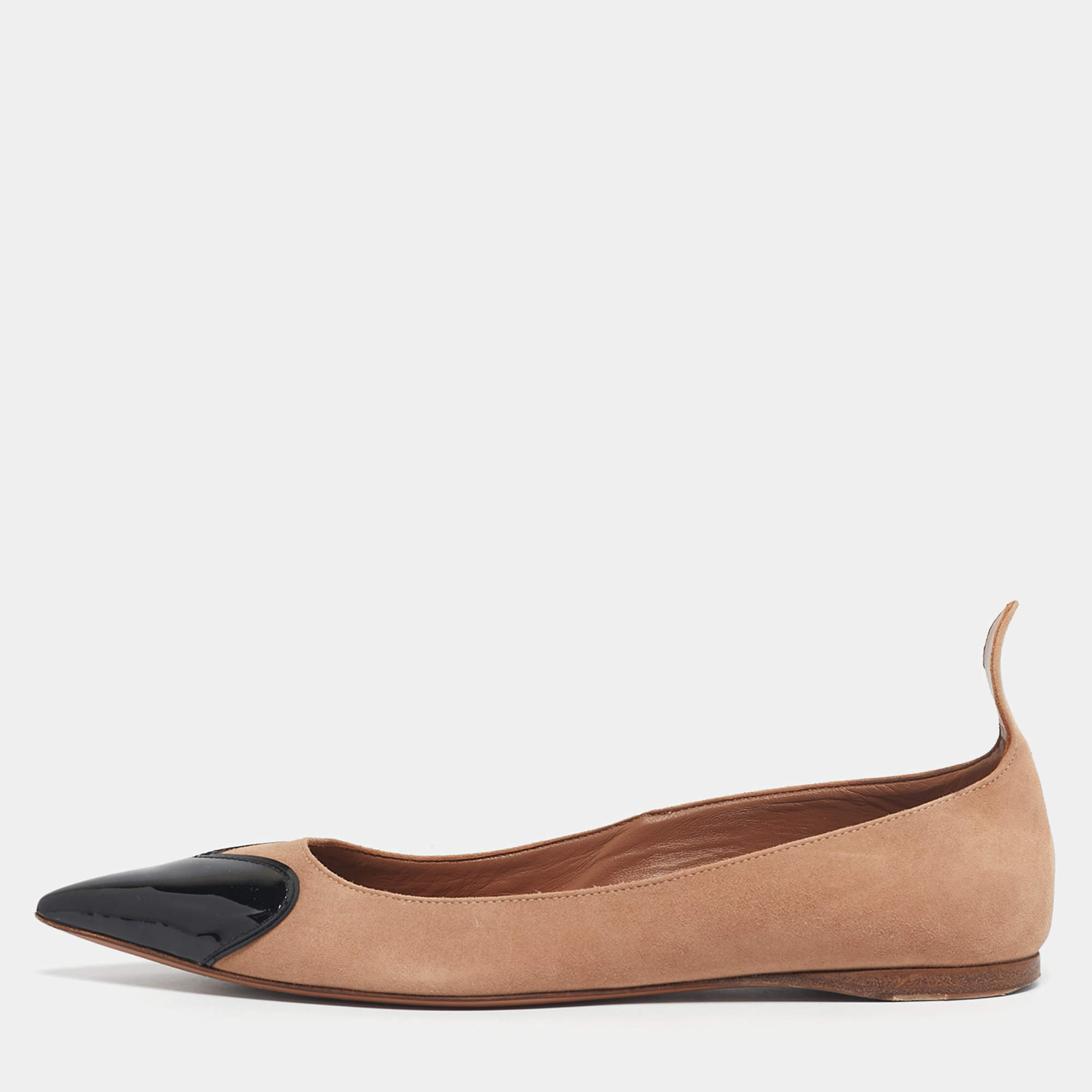 Pre Owned Alaia Beige/Black Patent Leather and Suede Ballet Flats Size 37.5
