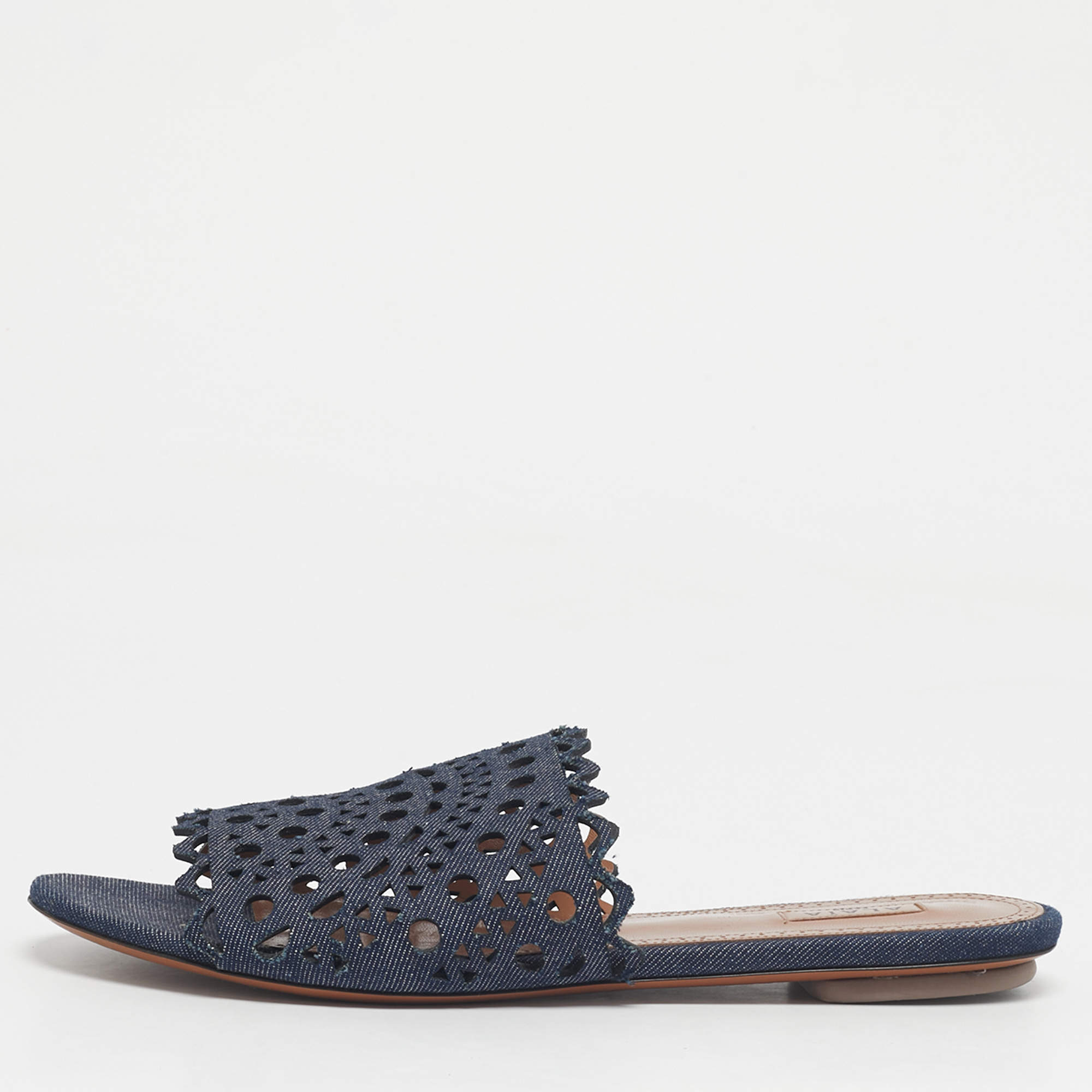 Pre Owned Alaia Navy Blue  Laser Cut Denim Flat Sandals Size 40