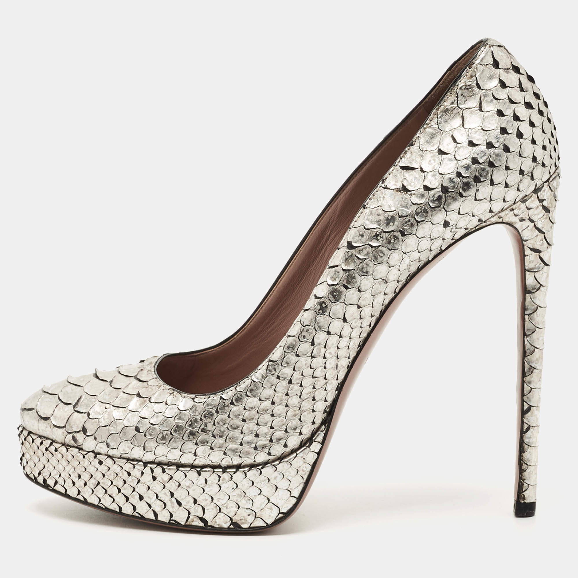Pre Owned Alaia Silver/Gold Python Round Toe Platform Pumps Size 40.5