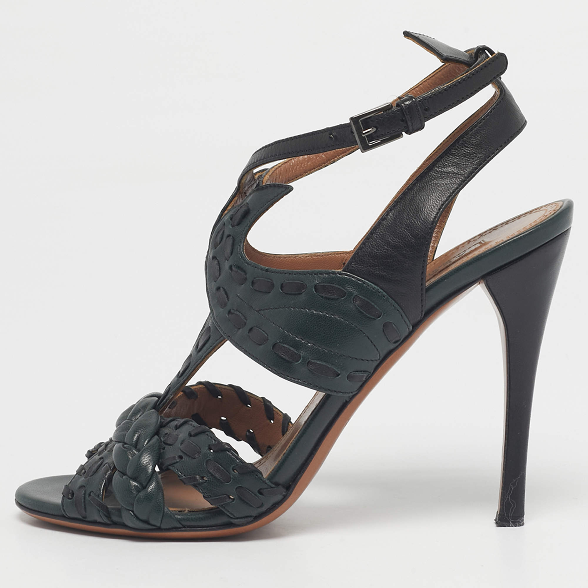 Pre Owned Alaia Black/Dark Green Leather Ankle Strap Sandals Size 37