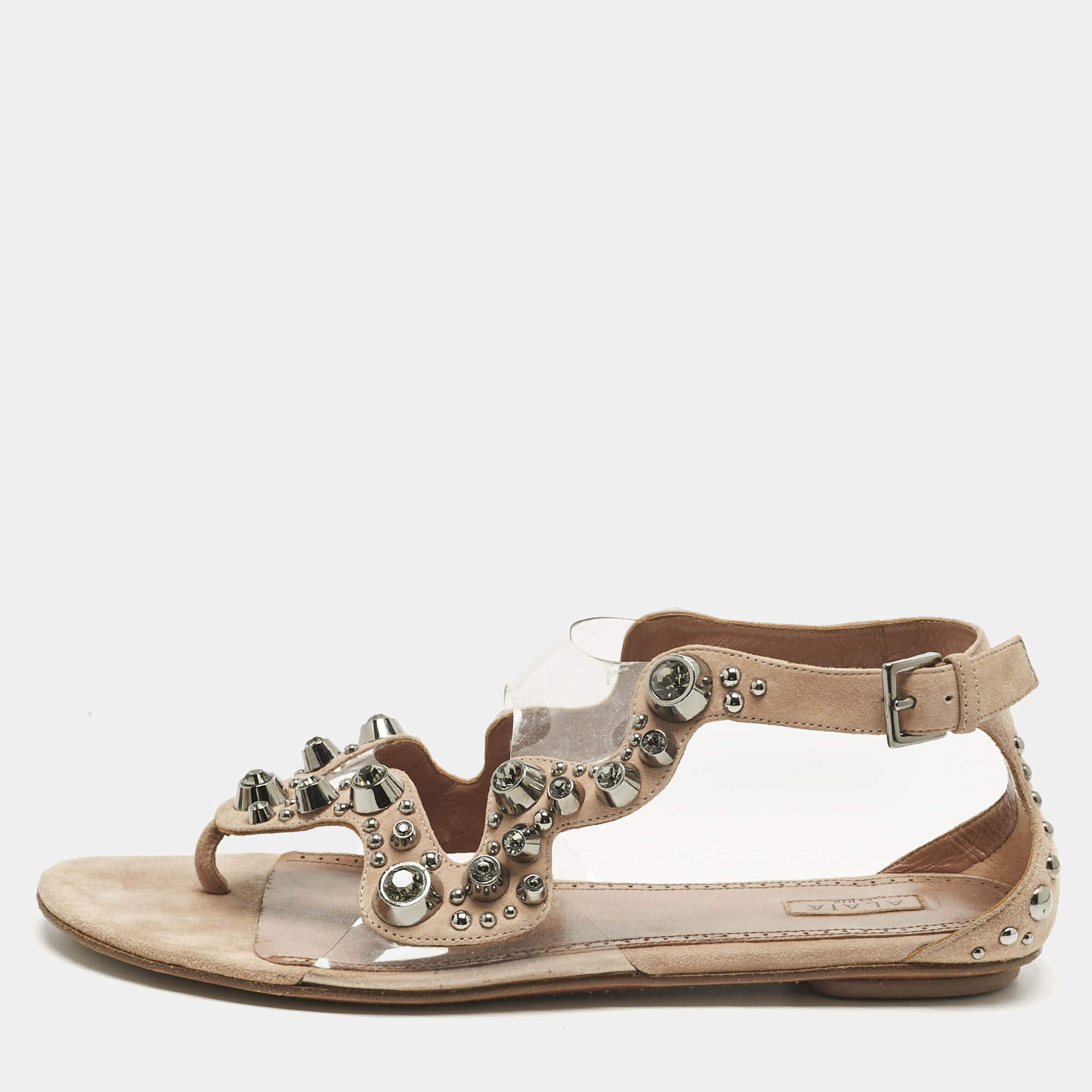 Pre Owned Alaia Beige/Transparent Suede and PVC Crystal Embellished Ankle Strap Flats Size 40