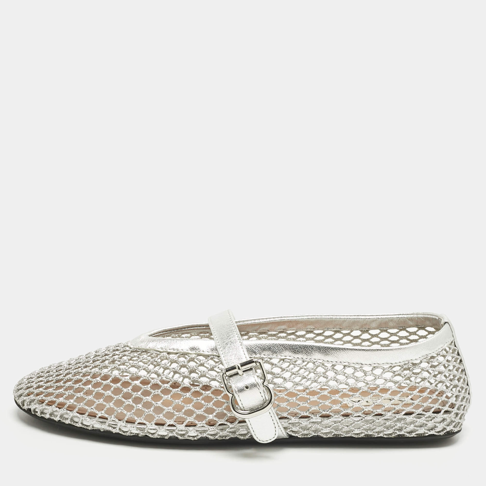 Pre Owned Alaïa Silver Mesh and Leather Mary Jane Ballet Flats Size 38.5