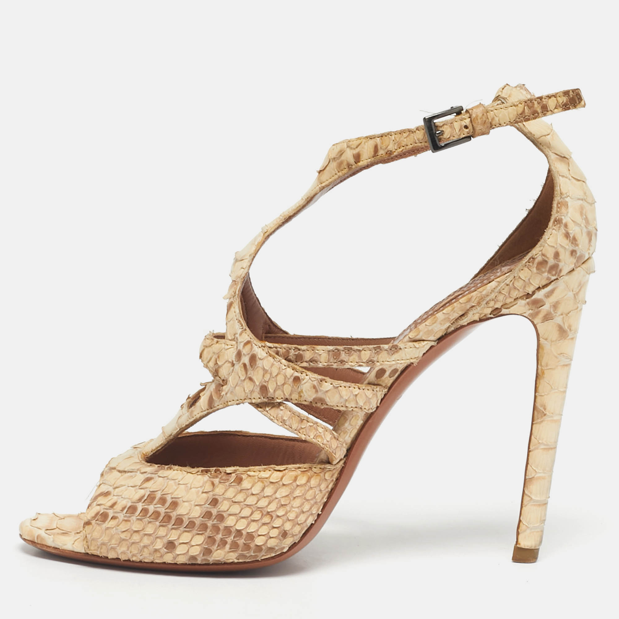 Pre Owned Alaia Beige Python Leather Ankle Strap Sandals Size 37