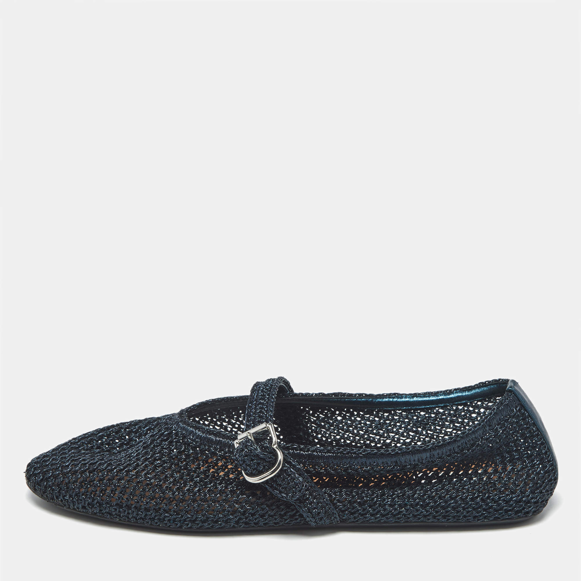 Pre Owned Alaia Black/Navy Blue Mesh and Leather Mary Jane Ballet Flats Size 40