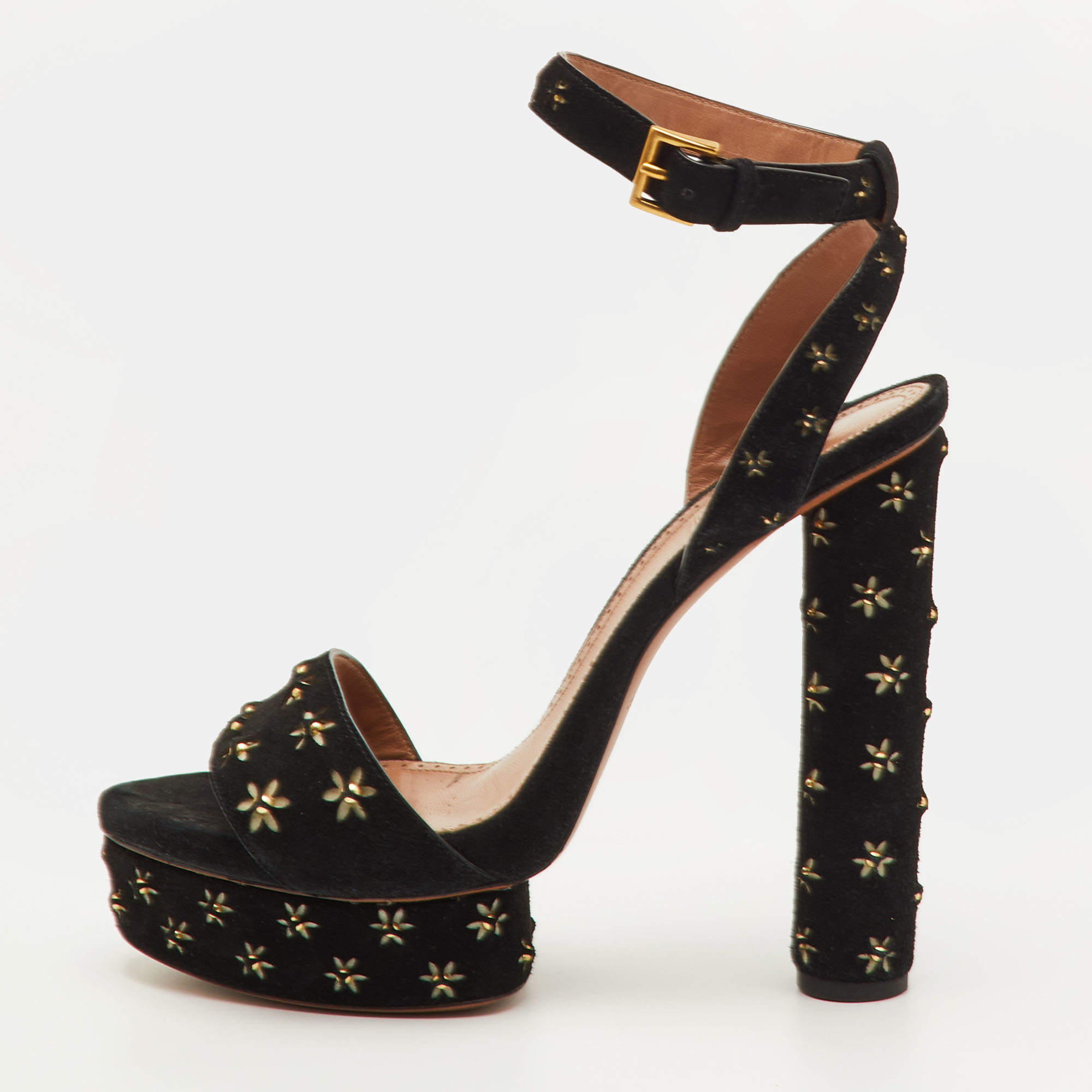 Pre Owned صندل علايا مزخرف بأزهار مقاس 40 من جلد الشامواه الأسود بكعب مرتفع مع حزام للكاحل