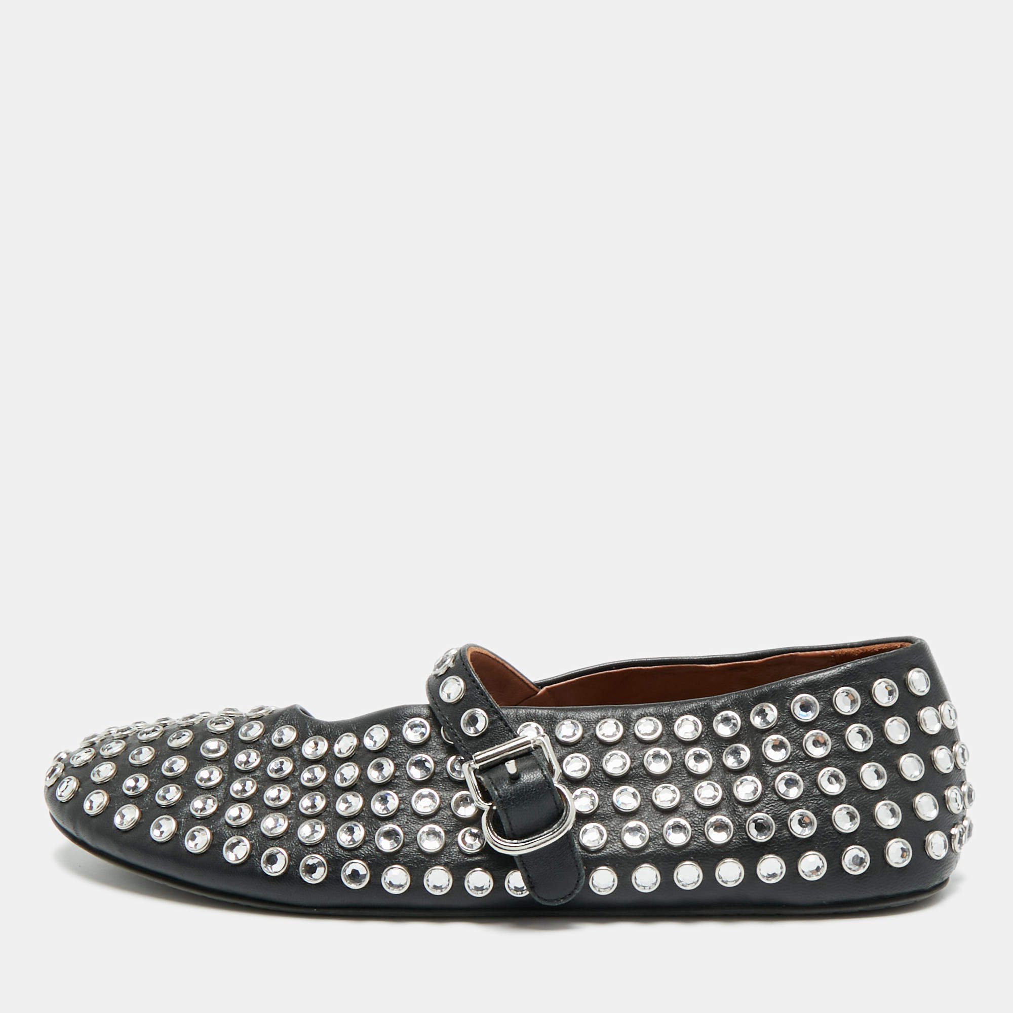 مملوكة مسبقًا Alaia Size 40 Black Leather Crystal Embellished Mary Jane Ballet Flats