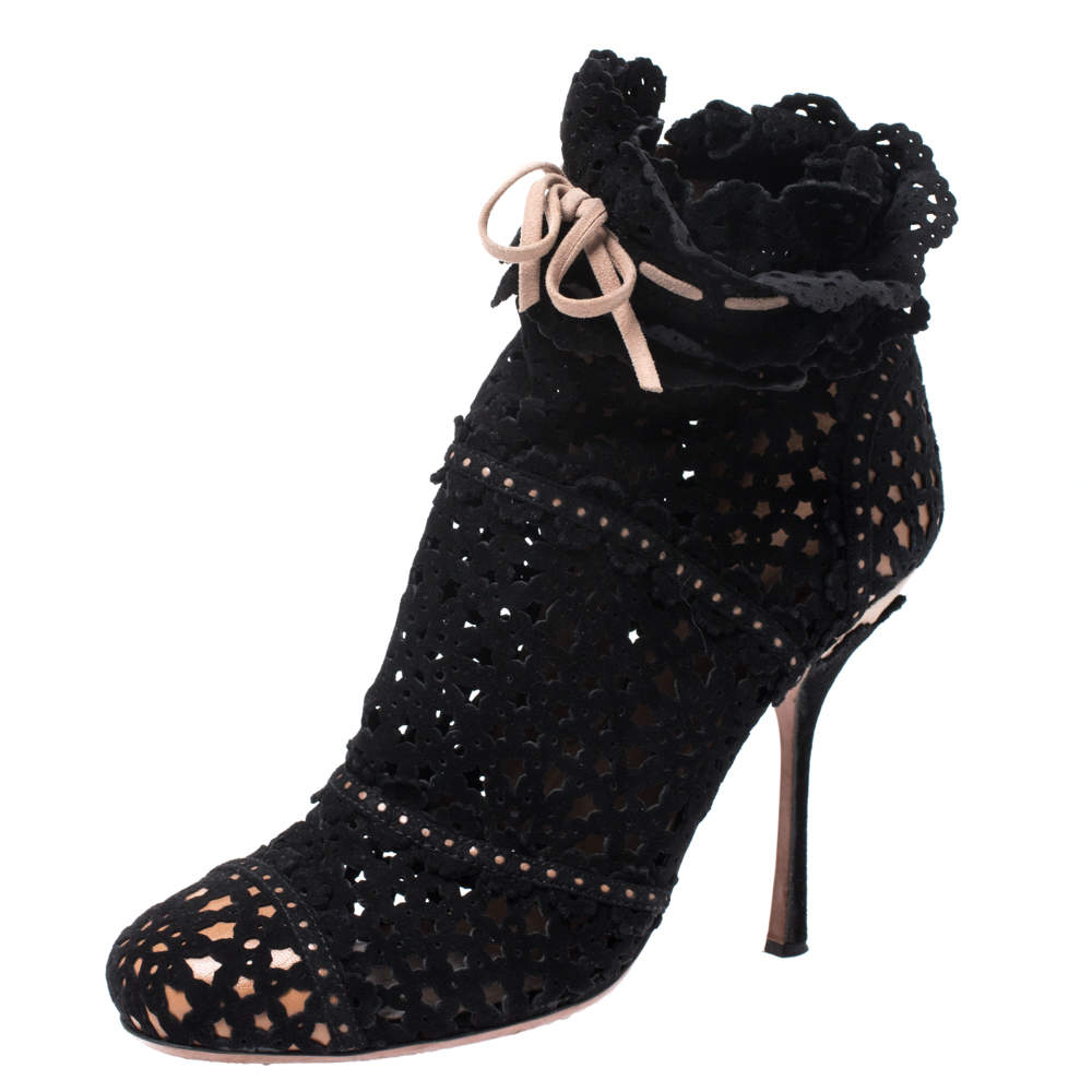 Pre Owned Alaia Black Laser Cut Suede Peep-Toe Ankle Bow Booties Size 40