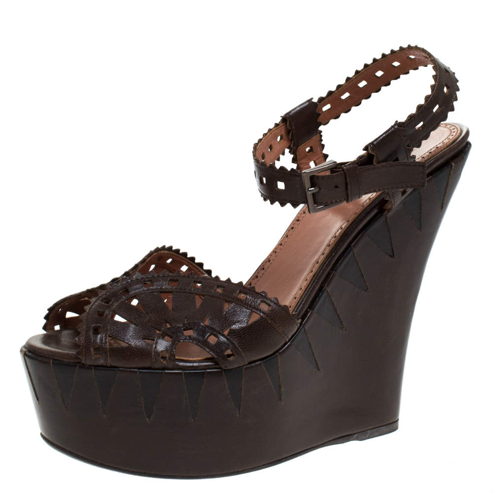 Alaia Brown Cutout Leather Wedge Sandals Size 38