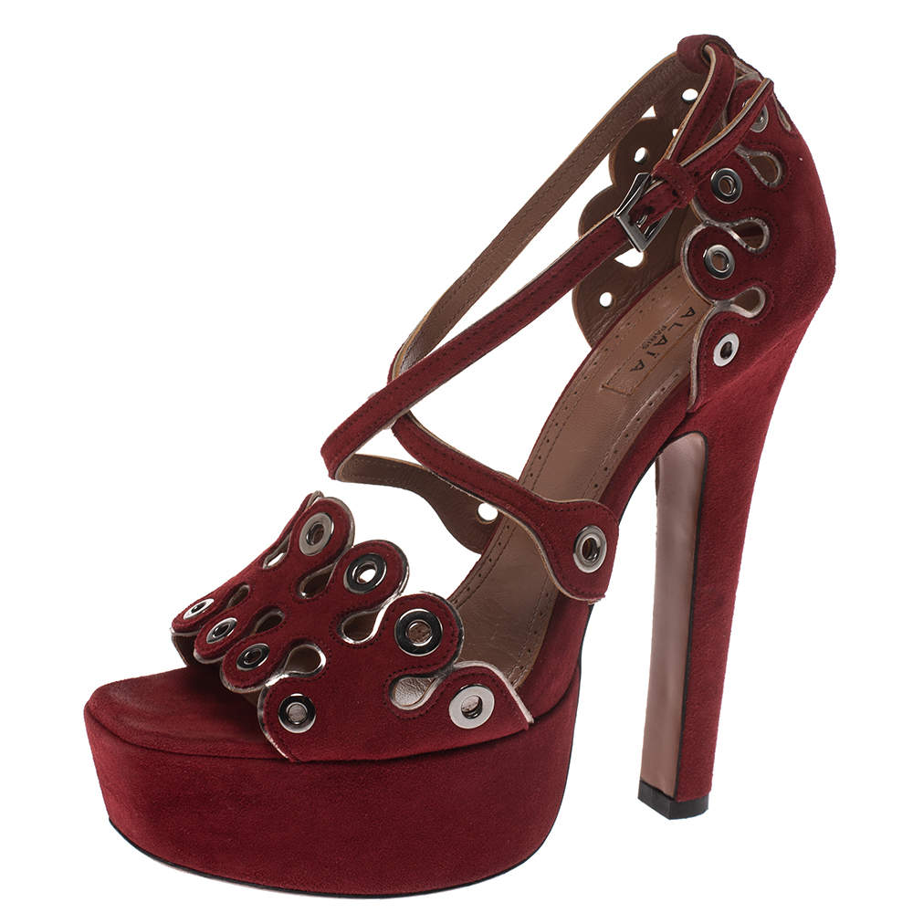 Alaia Maroon Suede Scallop Trim Eyelet Embellished Platform Sandals Size 37