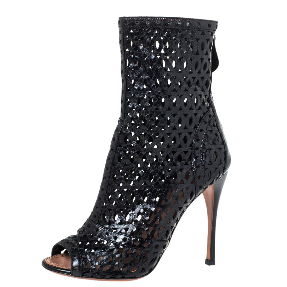 Pre Owned Alaia Black Cut Out Leather Peep-Toe Ankle Booties Size 37
