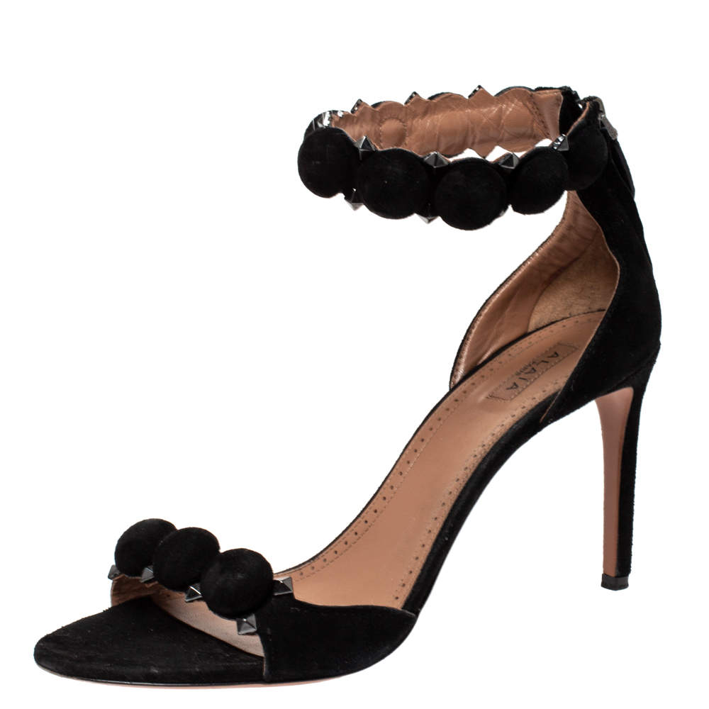 Pre Owned Alaia Black Suede Leather Chamois Bombe Ankle Cuff Sandals Size 39.5