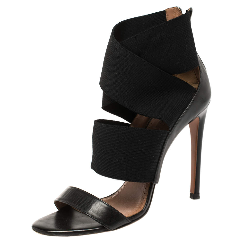Alaia Black Leather And Fabric Open Toe Ankle Strap Zipper Sandals Size 36