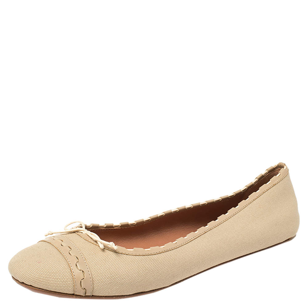 Pre Owned Alaia Beige Canvas And Leather Bow Ballet Flats Size 40