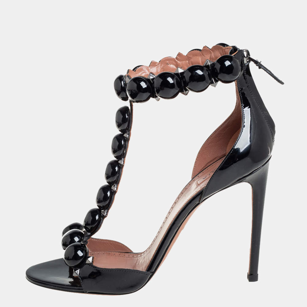 Alaia Black Patent Leather Bombe T-strap Sandals Size 39