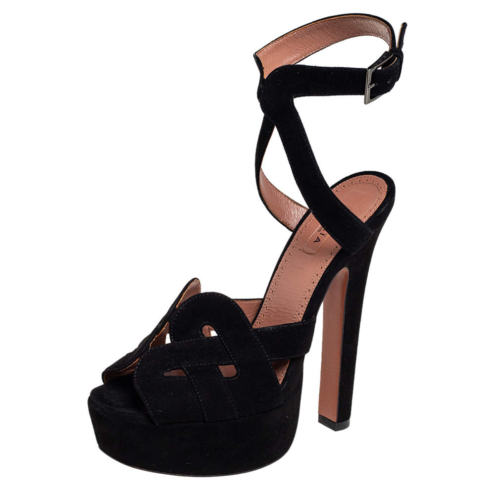 Alaia Black Suede Peep Toe Ankle Strap Platform Sandals Size 36