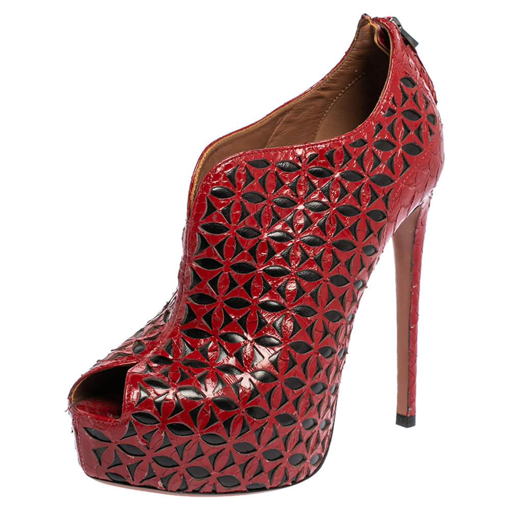Pre Owned Alaia Red Python Leather Laser Cut Peep Toe Booties Size 38.5