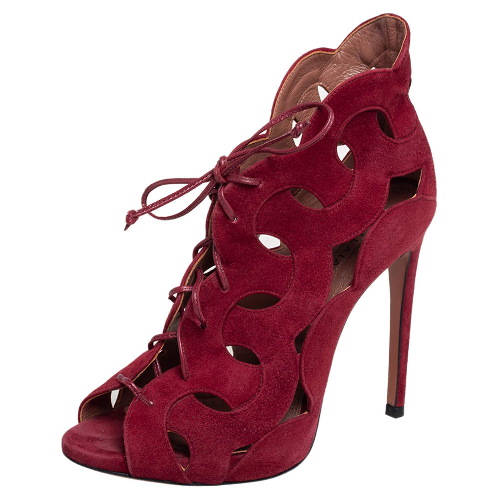 Pre Owned Alaia Red Cut Out Suede Lace Up Peep Toe Ankle Booties Size 38.5