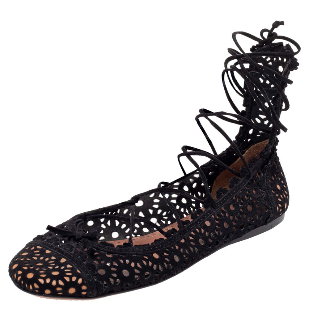 Pre Owned Alaia Black Suede Laser Cut Lace up Ballet Flats Size 38.5