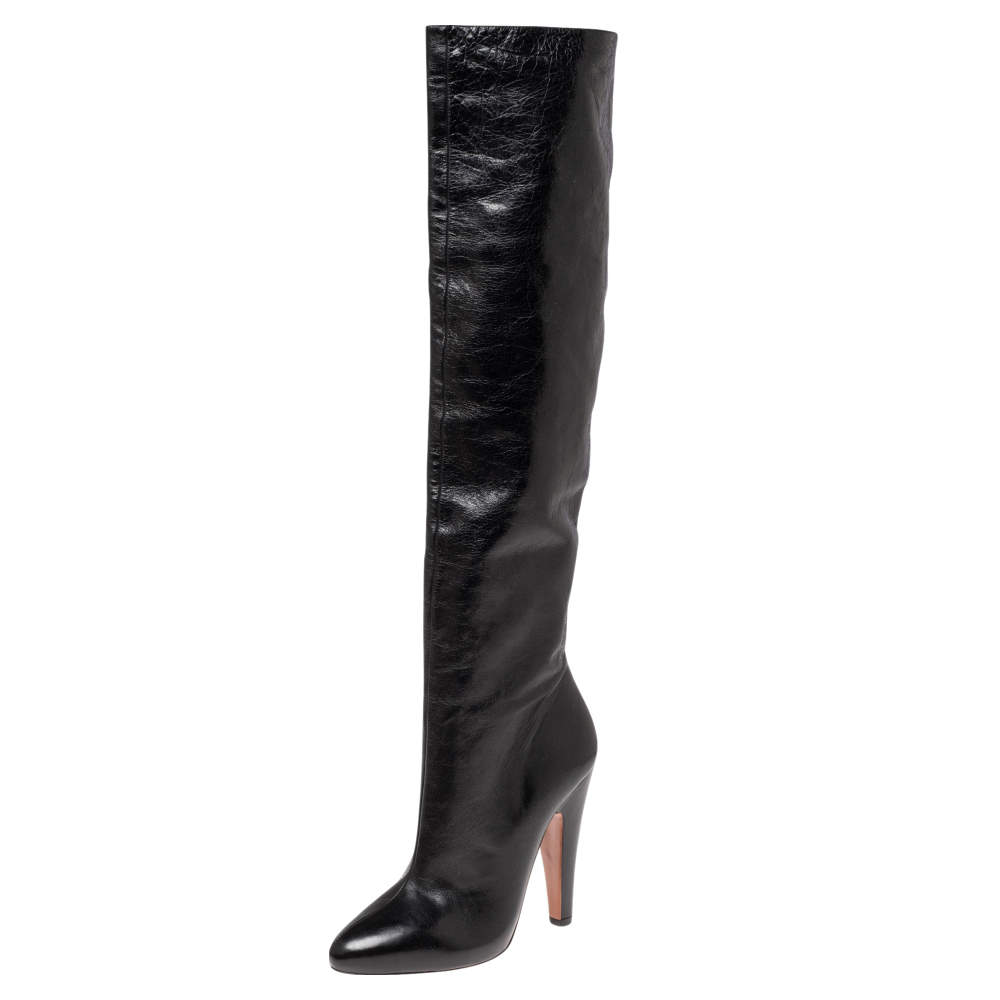 Pre Owned Alaia Black Leather Knee Length  Boots Size 39