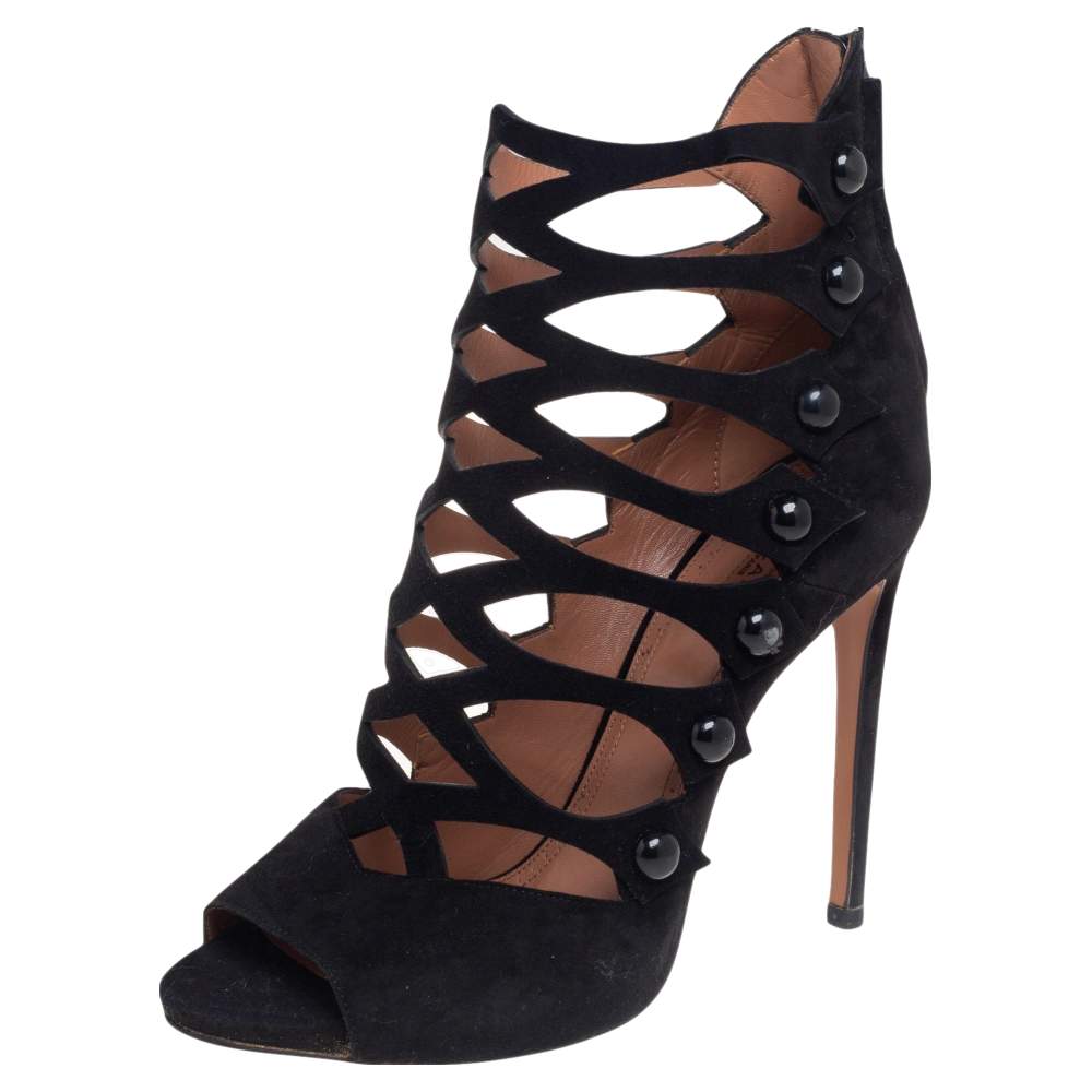 Pre Owned Alaia Black Suede Open Toe Caged Ankle Sandals Size 39