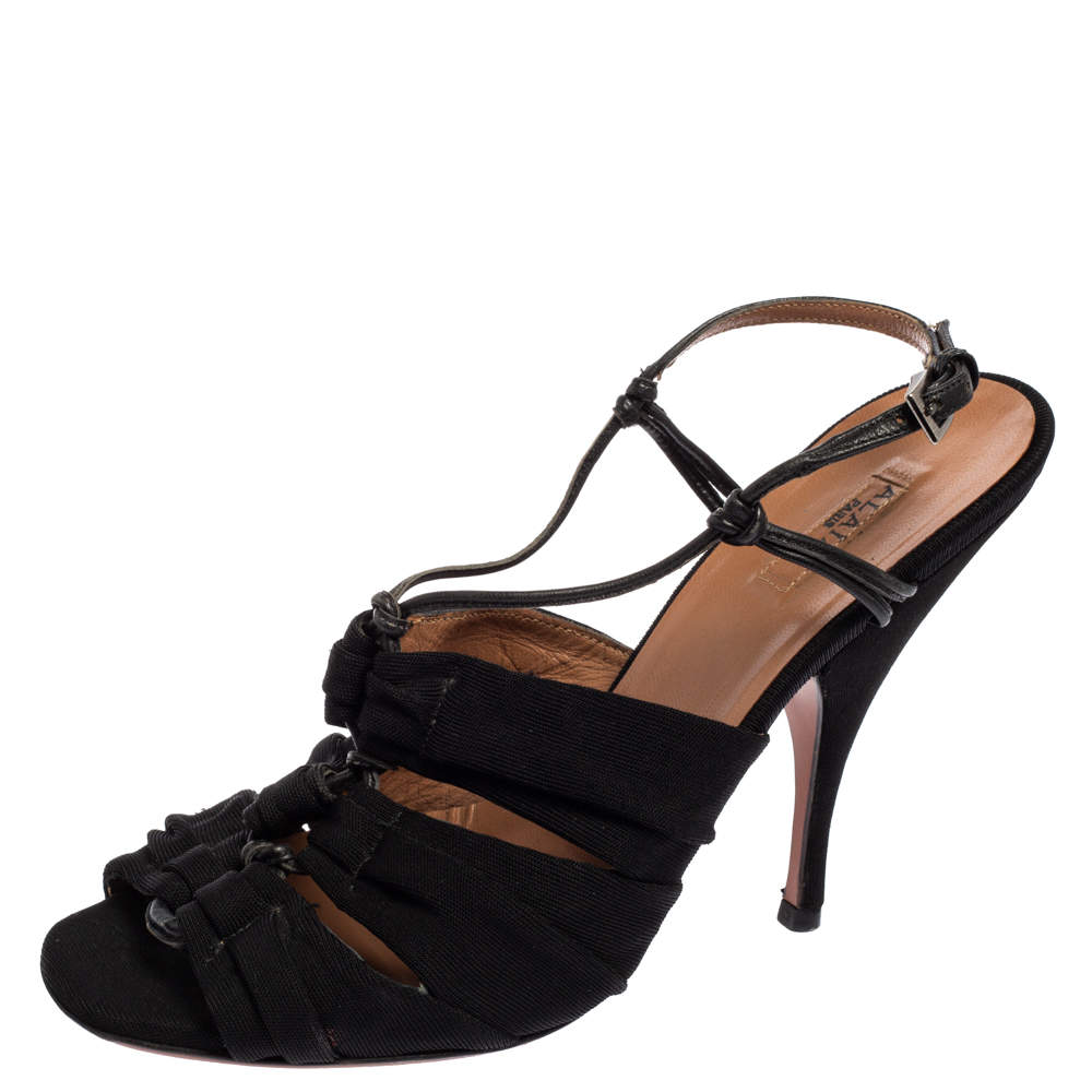 Pre Owned Alaia Black Fabric And Leather Slingback Sandals Size 37.5