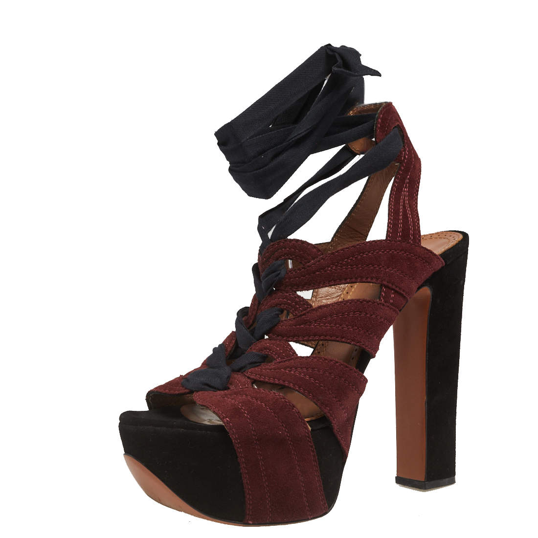 Pre Owned Alaia Burgundy/Black Suede Lace Up Platform Sandals Size 37.5