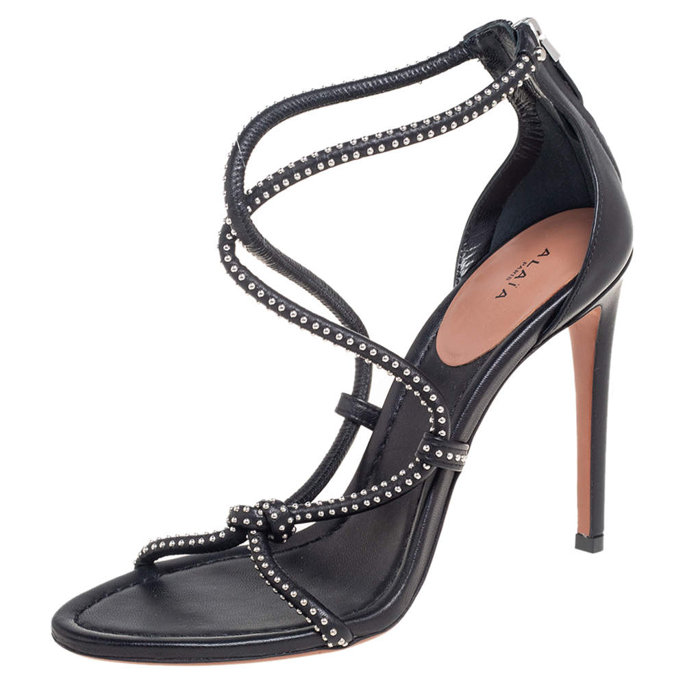 Pre Owned Alaia Black Leather Studded Cross Strappy Sandals Size 38