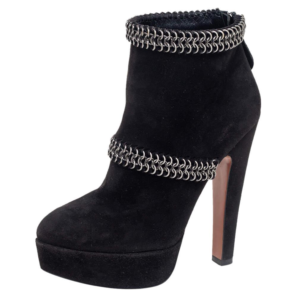 Pre Owned Alaia Black Suede Chain Detail Ankle Boots Size 36