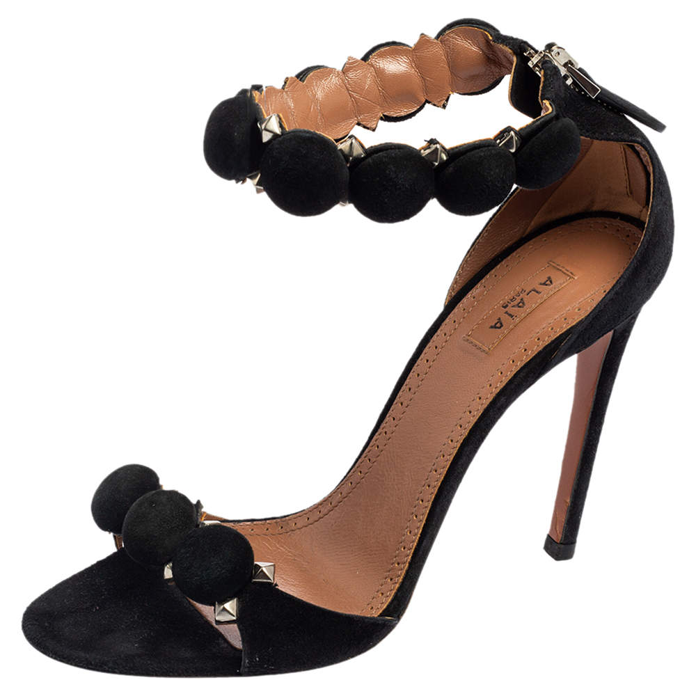 Pre Owned Alaia Black Suede Bombe Studded Open-Toe Sandals Size 36