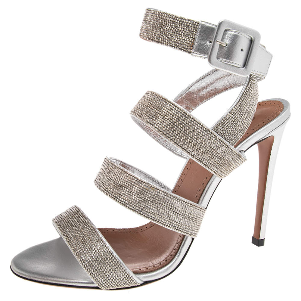 Pre Owned Alaia Silver Leather Beads Embellished Strappy Sandals Size 38