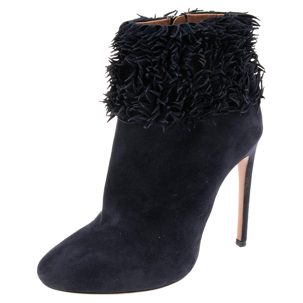 Pre Owned Alaia Navy Blue Suede Ruffled Ankle Boots Size 39.5