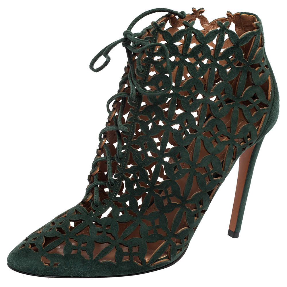 Pre Owned Alaia Green Laser Cut Suede Ankle Boots Size 39