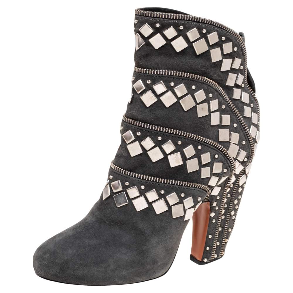 Alaia Grey Suede Stud Embellished Ankle Boots Size 37