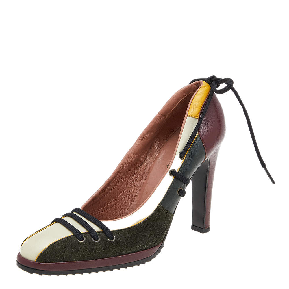 Pre Owned Alaia Multicolor Leather and Suede Lace Up Pumps Size 36.5