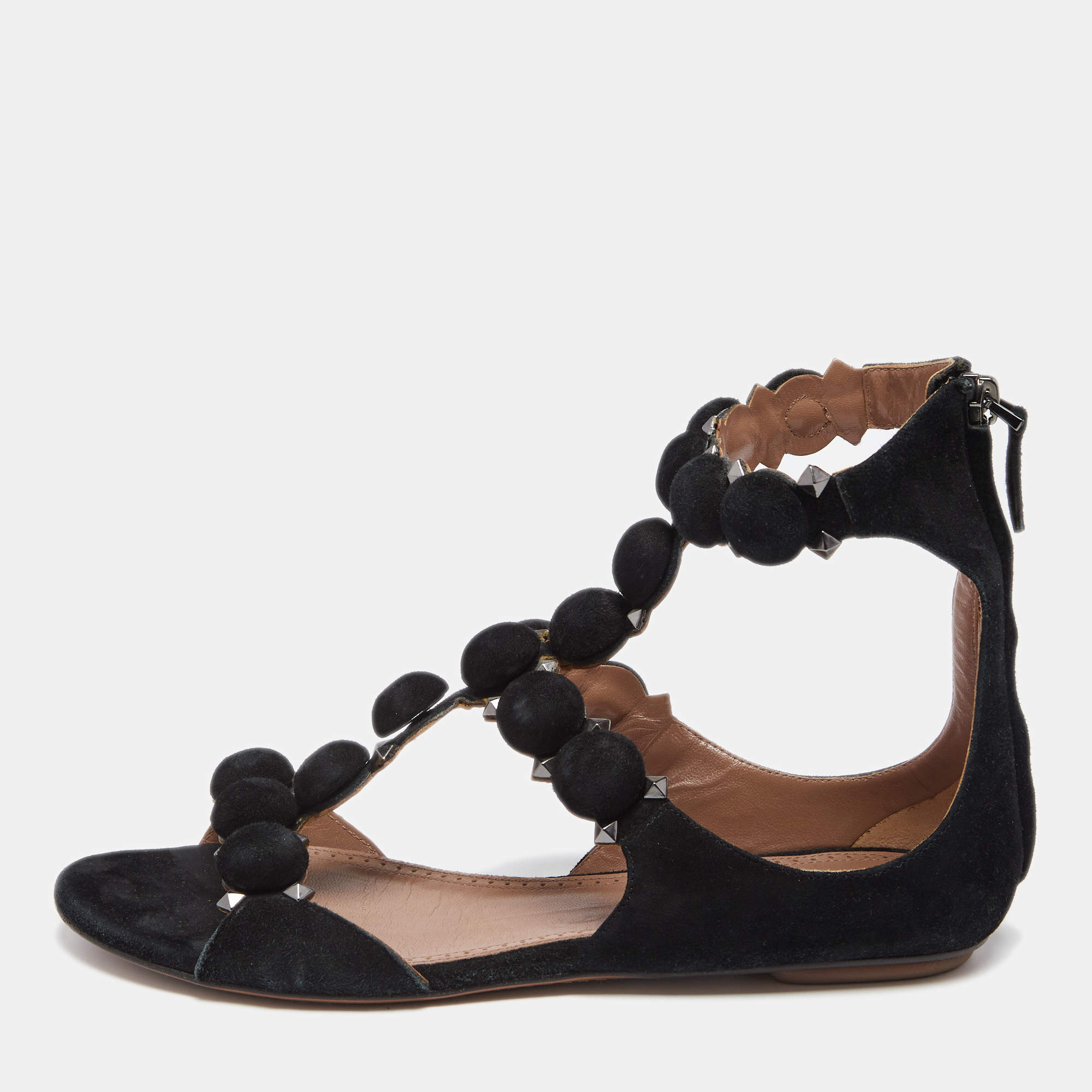 Pre Owned Alaia Black Suede Bombe Studded Ankle Strap Flat Sandals Size 38