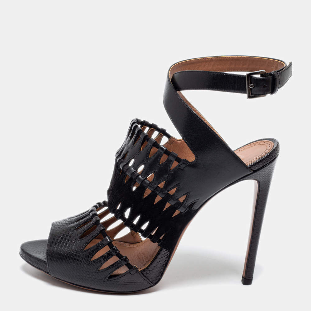 AlaÏa Black Leather, Suede and Lizard Embossed Cut Out Ankle-Strap Sandals Size 41