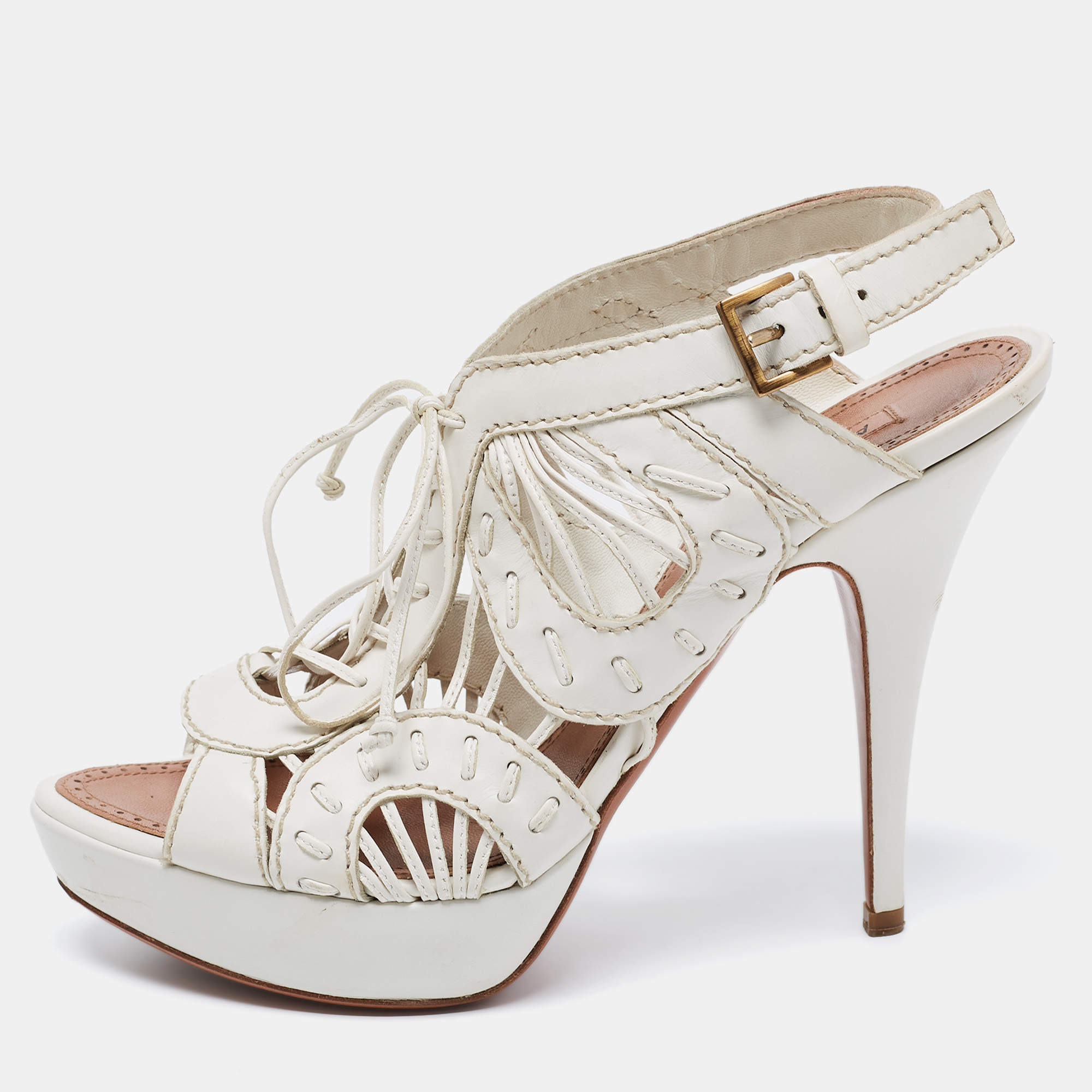 Alaia White Leather Lace Up Platform Sandals Size 39.5