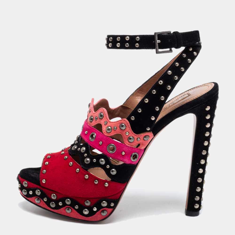 Alaia Multicolor Suede Studded Peep-Toe Platform Ankle-Strap Sandals Size 37.5