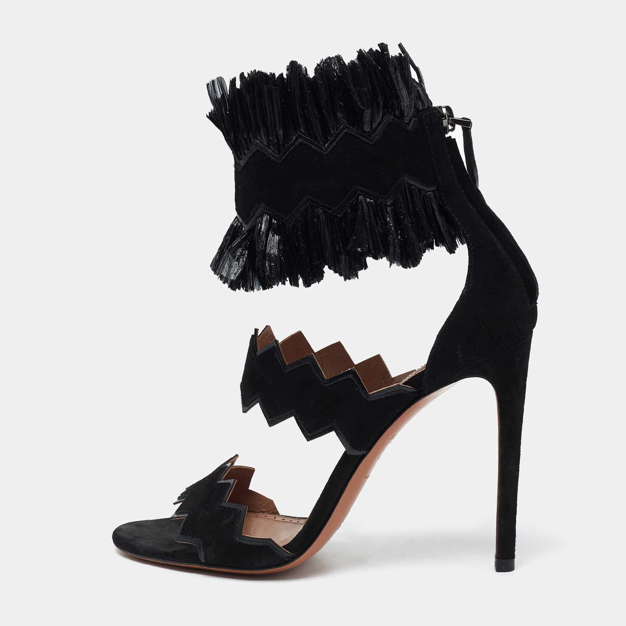 Pre Owned Alaia Black Suede And Raffia Ruffle Ankle Cuff Sandals Size 38