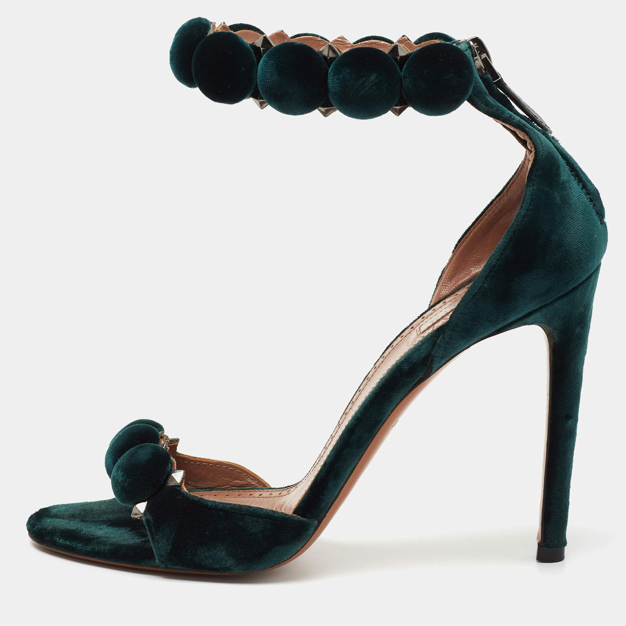 Pre Owned Alaia Green Velvet Bombe Ankle Strap Sandals Size 37.5
