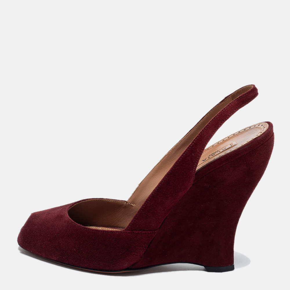 Pre Owned Alaia Burgundy Suede Wedge Slingback Pumps Size 40