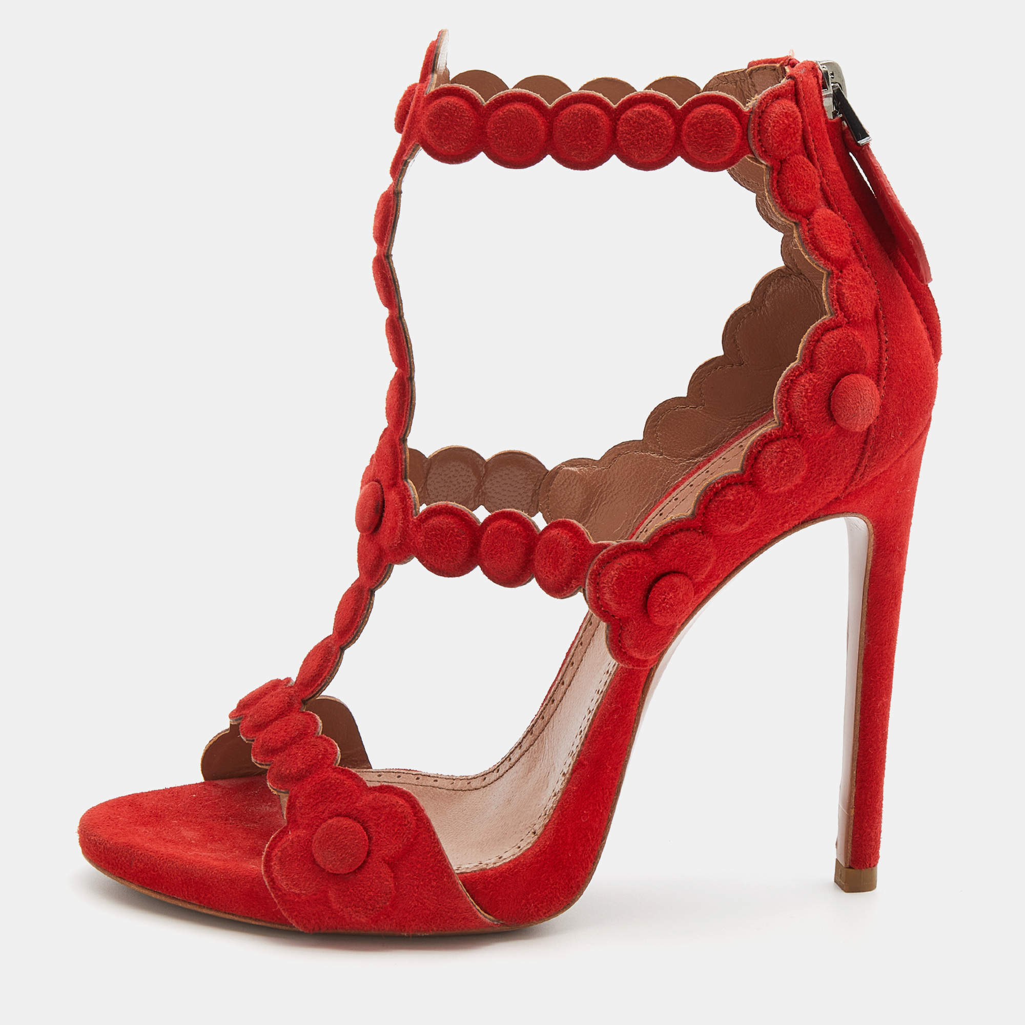 Pre Owned Alaia Red Laser Cut Suede Daisy Sandals Size 36