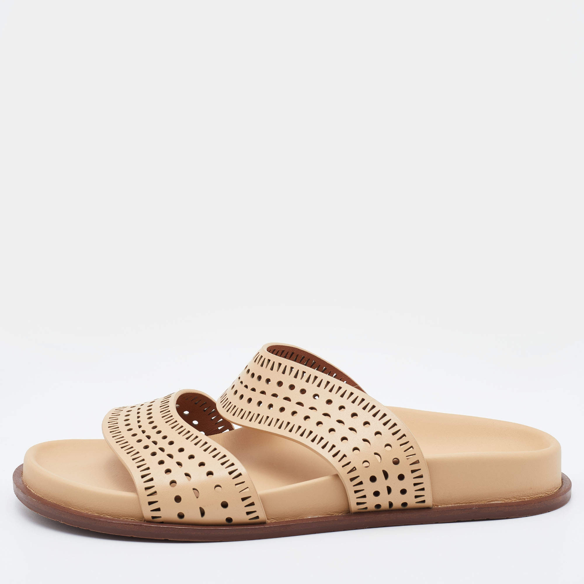 Alaia Beige Perforated Leather Flat Slides Size 36.5