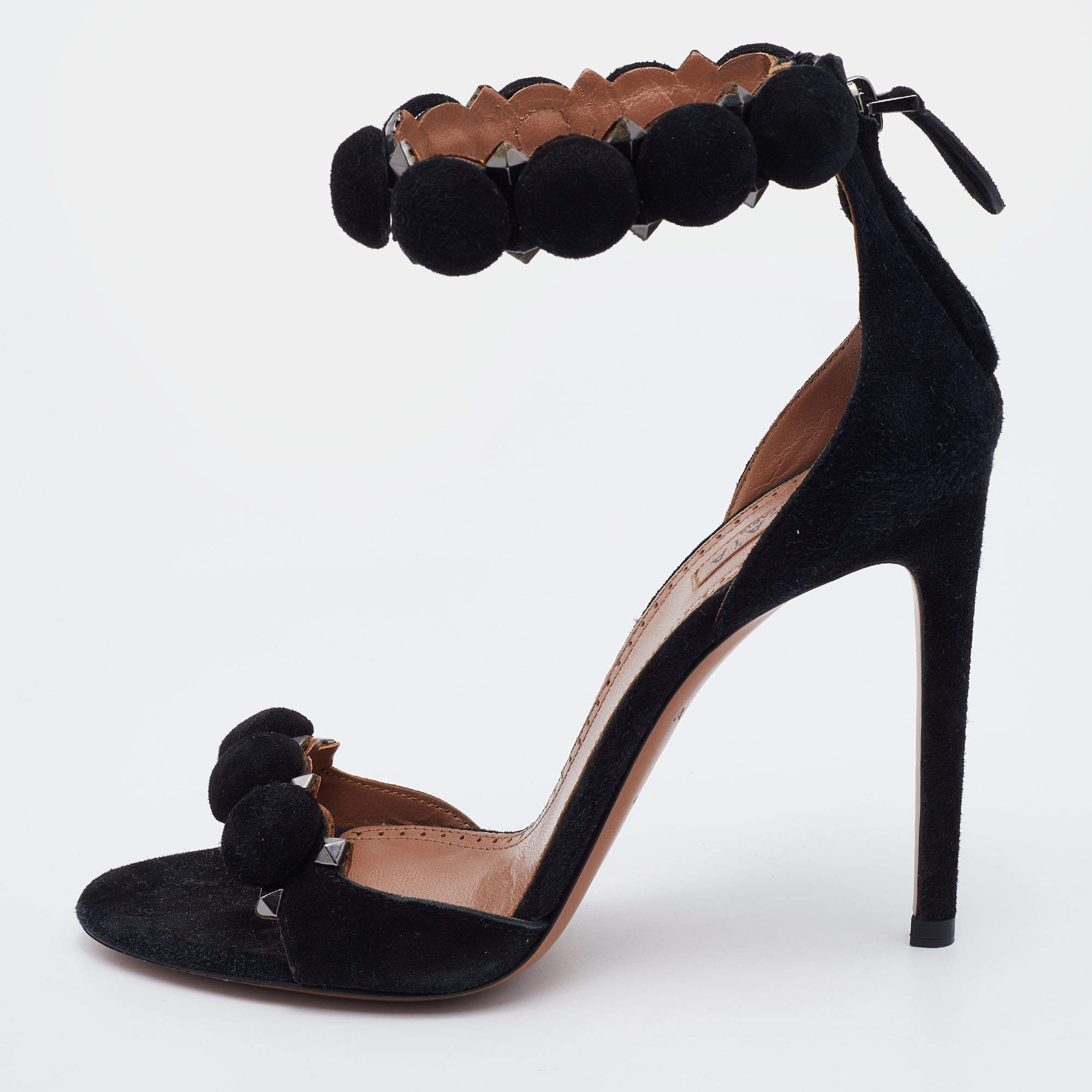 Pre Owned Alaia Black Suede Leather Chamois Bombe Ankle Cuff Sandals Size 36.5